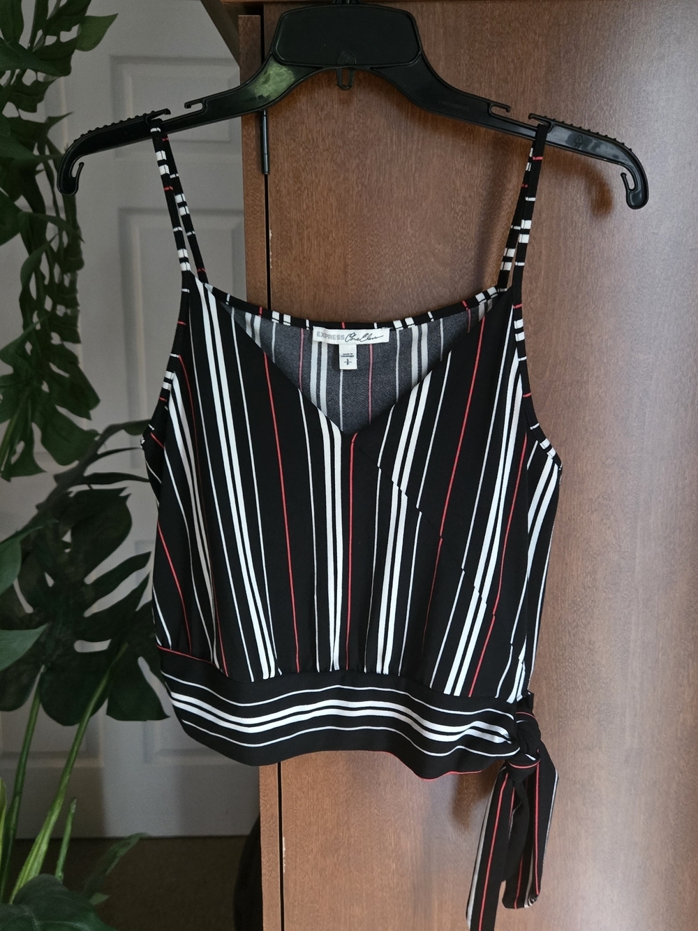 Express Black Striped Tie-Hem Crop Tank with Red & White Accents